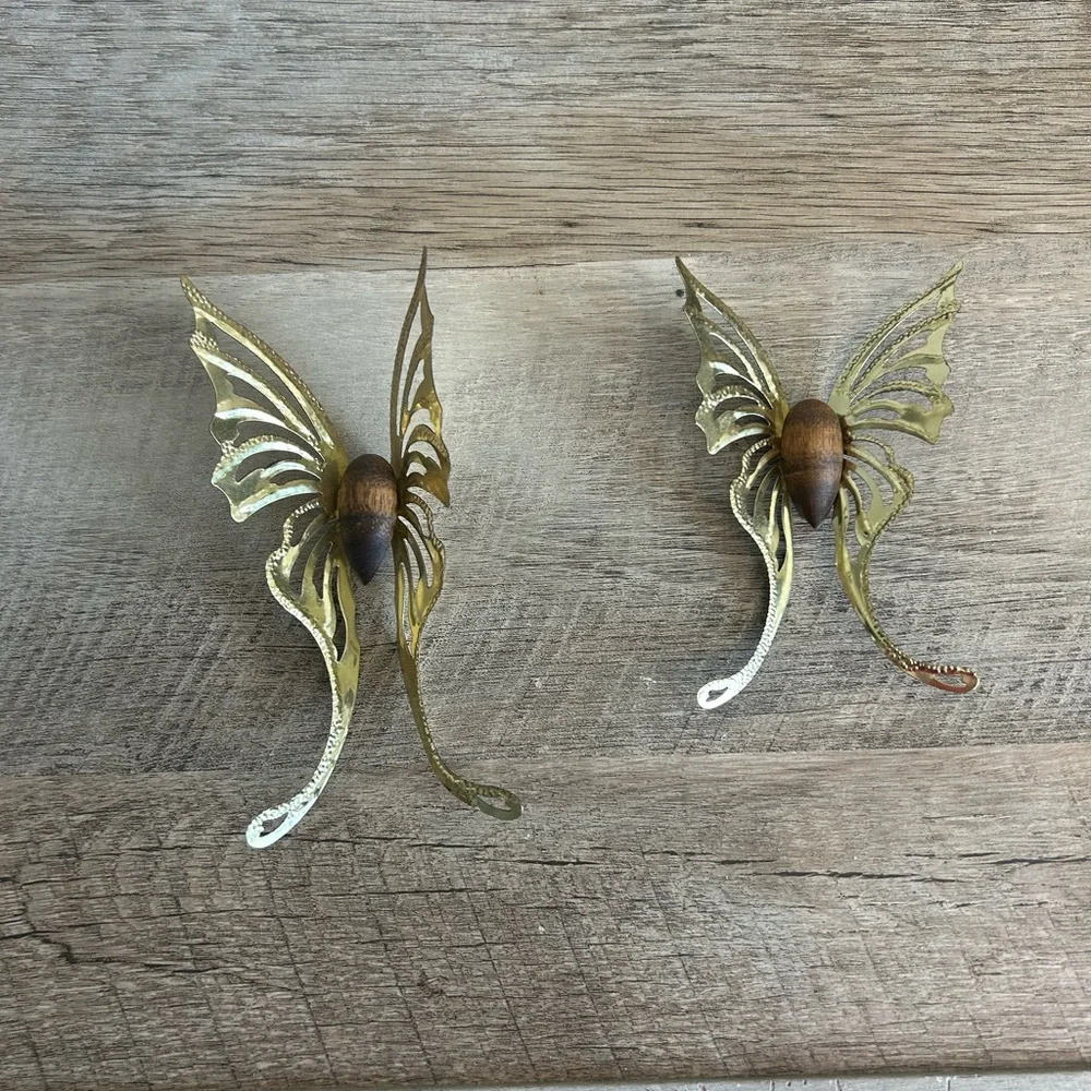VINTAGE HOMCO BUTTERFLY BRASS WOOD WALL‎ PLAQUES HANGINGS HOME INTERIOR